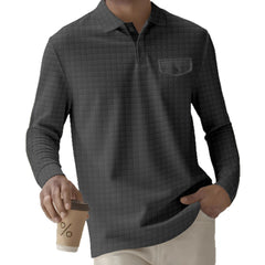 Quilted Black Henley Shirt With Orange Collar Detail For Men