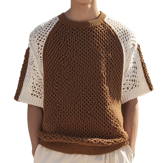 Men's Retro Colorblock Knitted Round Neck Short Sleeve T-Shirt MTA0943D4TO