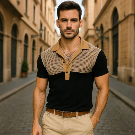 Men's Retro Hollow Knitted Patchwork Short-Sleeved Polo Shirt MTA0764D5TO