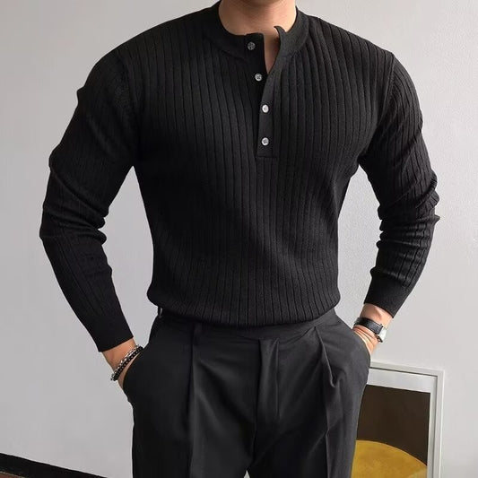 Stylish White Ribbed Henley Sweater for Men - Perfect for Casual and Smart-Casual Outfits