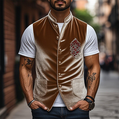 Men's Spring Fashion Retro Embroidered Velvet Slim Stand Collar Vest MTA2715C7K