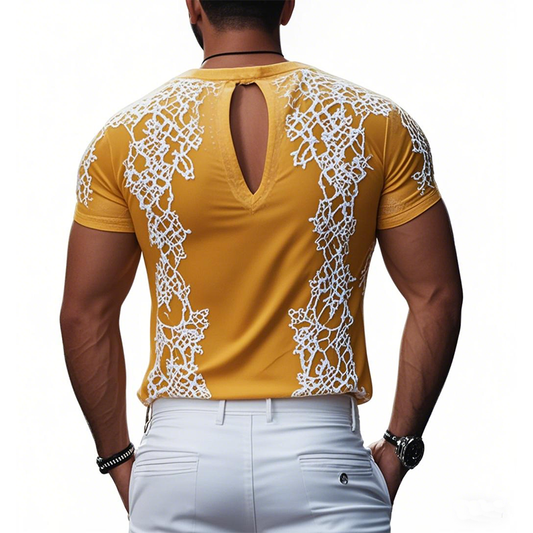Men's Spring Fashion Deep V Neck Exquisite Embroidery Cotton Short Sleeve T-shirt MTA2644C7K