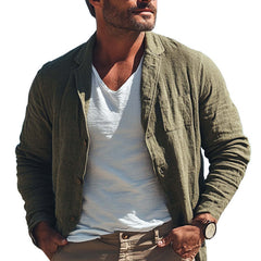 Men's Spring And Summer Army Green Cotton And Linen Casual Shirts MTA1978C3U