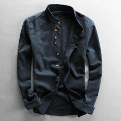 Stylish Mandarin Collar Shirt With Unique Button Design For Men