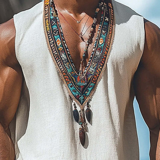 Men's Summer Retro Deep V Neck Cotton And Linen Embroidered Tank Top MTA0938D8U