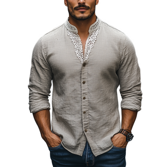 Men's Spring Fashion Stand Collar Lace Splicing Cotton And Linen Long Sleeve Shirt MTA2134C0K