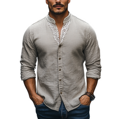 Men's Spring Fashion Stand Collar Lace Splicing Cotton And Linen Long Sleeve Shirt MTA2134C0K