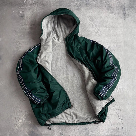 Green Hooded Windbreaker Jacket With Reflective Stripes For Outdoor Adventures