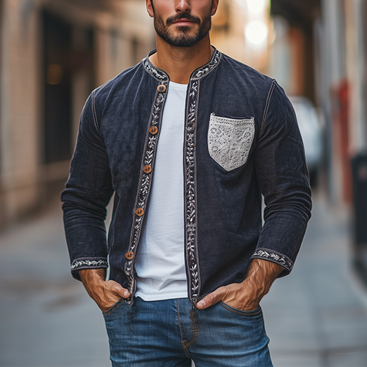 Men's Spring Fashion Retro Lace Splicing Cotton And Linen Long Sleeve Shirt MTA2708C6K