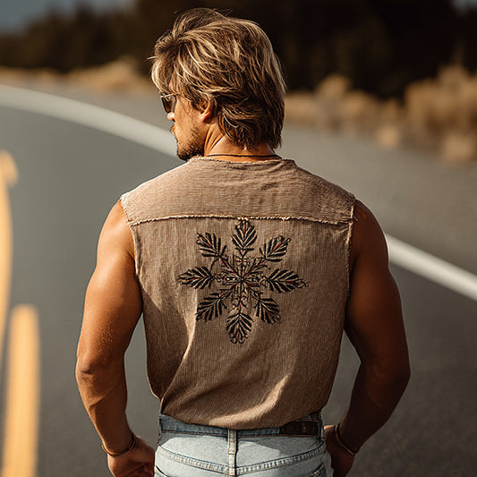 Brown Sleeveless Vest with Embroidered Snowflake Design