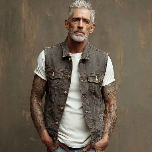 Casual Denim Vest with Tattooed Sleeves