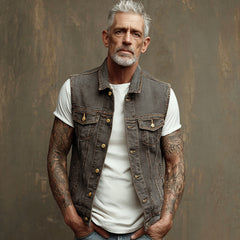 Casual Denim Vest with Tattooed Sleeves