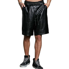 Men's Summer Basic Loose Pure Black PU Leather Shorts MTA0273D9U