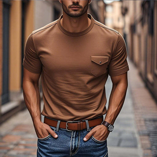 Men's Casual Cotton Round Neck Chest Pocket Slim Fit Short Sleeve T-Shirt MTA3172C1M