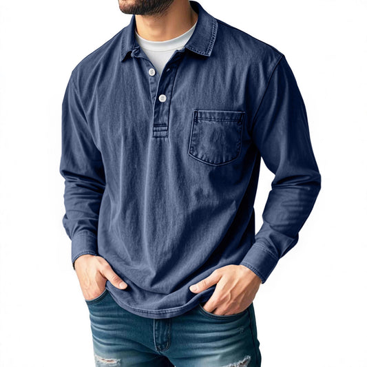 Men's Casual Long Sleeve Button-Up Polo Shirt with Chest Pocket