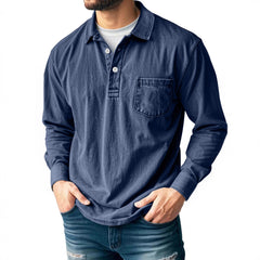 Men's Casual Long Sleeve Button-Up Polo Shirt with Chest Pocket