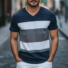 Men's Spring Fashion Personality Slim V-neck Suede Splicing Short Sleeve T-shirt MTA0880D2K