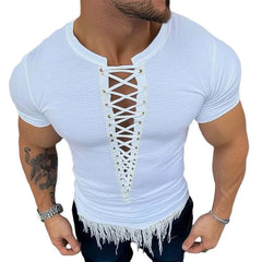 Men's Summer Fashion Lace-up Tassel Short-sleeved T-shirt MTA0863D7U