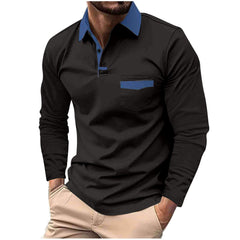 Men's Stylish Long Sleeve Polo Shirt with Contrast Collar and Pocket Design
