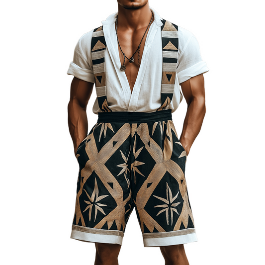 Men's Retro Geometric Print Linen Overalls MTA0779D5TO