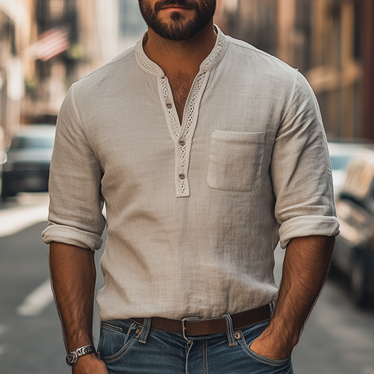 Men's Spring New Retro Ethnic Lace Stitching Deep V-neck Long-sleeved Shirt MTA2178C0K