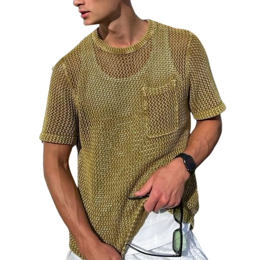 Men's Casual Round Neck Hollow Loose Knitted Short Sleeve Sweater T-Shirt (Tank Top Excluded) MTA0734D3M