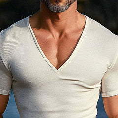 Men's Solid Color Knitted V-Neck Casual Short Sleeve T-Shirt MTA0368D9X
