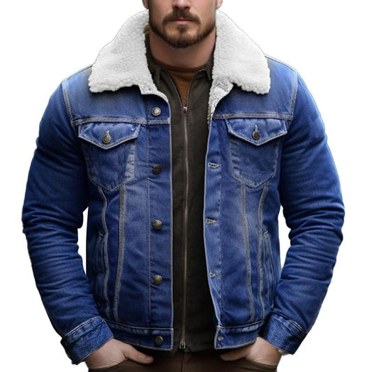 Men's Casual Teddy Fleece Insulated Long Sleeve Denim Jacket 23410323Y