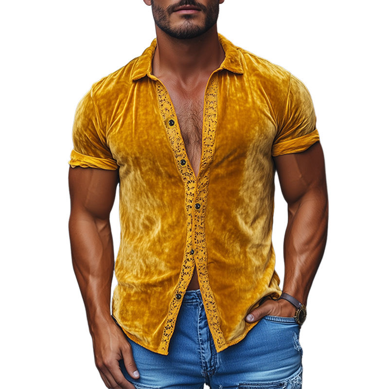 Men's Spring Fashion Sexy Lace Splicing Velvet Slim Fit Short Sleeve Shirt MTA2641C1K