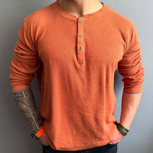 Men's Retro Casual Solid Color Henley Neck Long Sleeve T-Shirt MTA1720C0TO