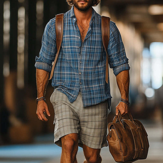 Men's Western Retro Plaid Print Long Sleeve Shirt Shorts Set MTA0774D0P