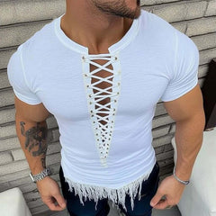 Men's Summer Fashion Lace-up Tassel Short-sleeved T-shirt MTA0863D7U