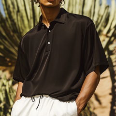 Men's Stylish Satin Lapel Oversized Short Sleeve Polo Shirt MTA0296D3M