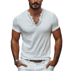 Men's Spring And Summer Fashionable V-neck Lace Stitching Cotton Short-sleeved T-shirt MTA2200C3K