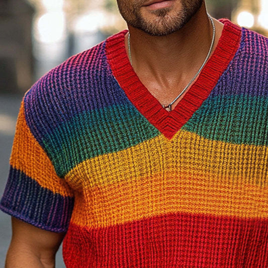 Men's Rainbow Stripe Knitted Short Sleeve Sweater T-Shirt MTA1765C4X