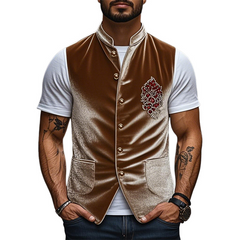 Men's Spring Fashion Retro Embroidered Velvet Slim Stand Collar Vest MTA2715C7K