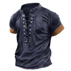 Men's Casual Vintage Lace Up Colorblock Short Sleeve T-Shirt 11159275Y