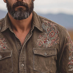 Men's Vintage Embroidered Long Sleeve Denim Shirt MTA1471C7X