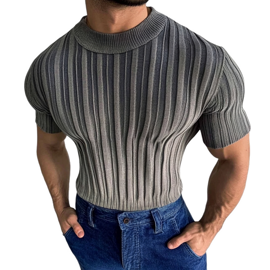 Men's Casual Striped Round Neck Short Sleeve Knitted T-Shirt MTA2748C3X