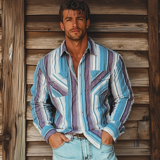 Men's Retro Colorblock Casual Striped Print Loose Long Sleeve Shirt