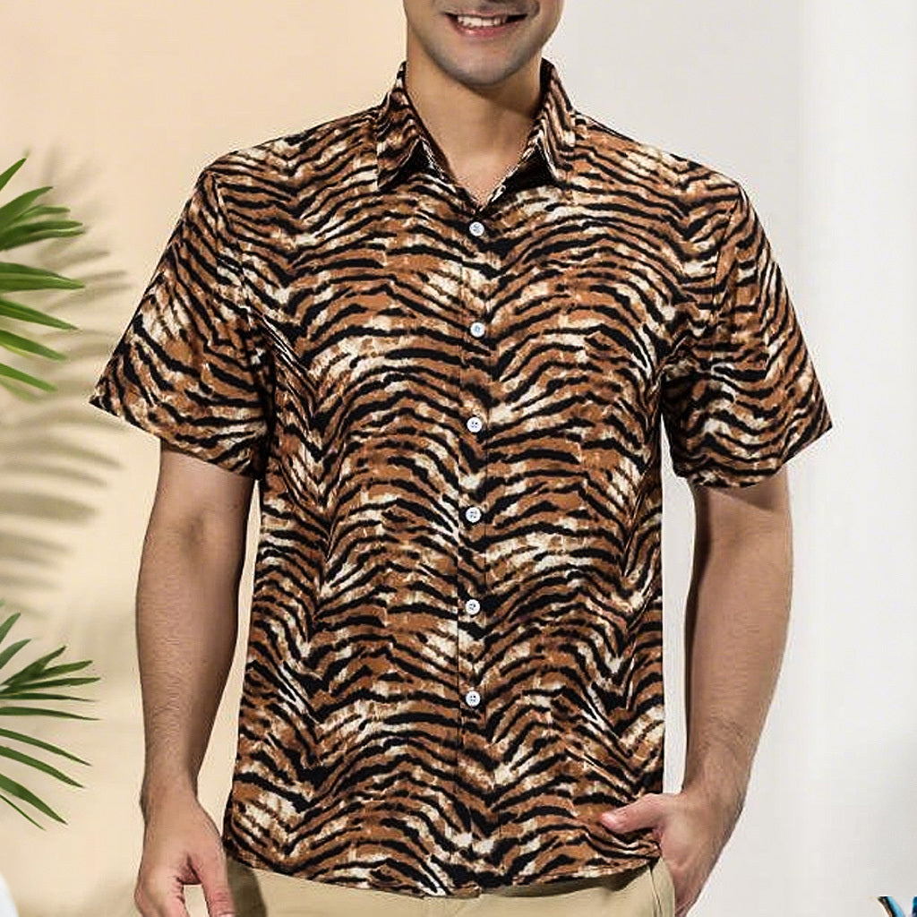 Men's Summer Retro Tiger Print Casual Short Sleeve Shirt MTA0128D7U