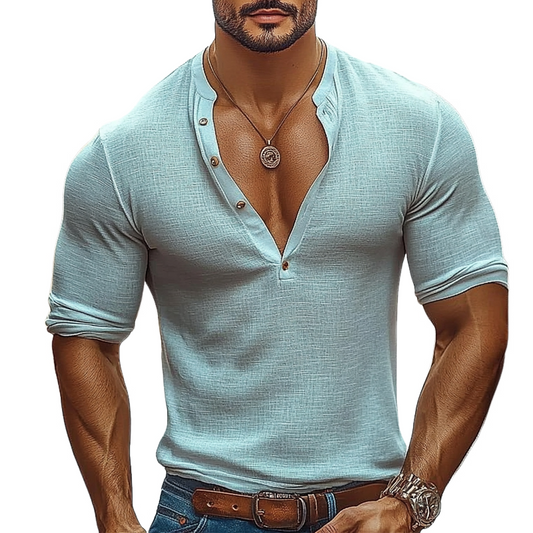 Men's Cotton And Linen Casual Henley Collar Long Sleeve T-Shirt MTA0960D8X