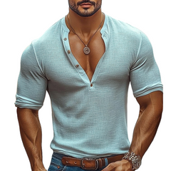 Men's Cotton And Linen Casual Henley Collar Long Sleeve T-Shirt MTA0960D8X