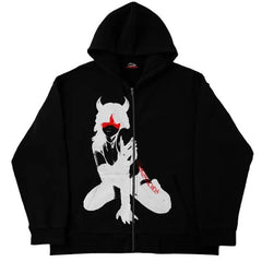 Hooded Sweatshirt with Bold Graphic Design and Zip-Up Closure