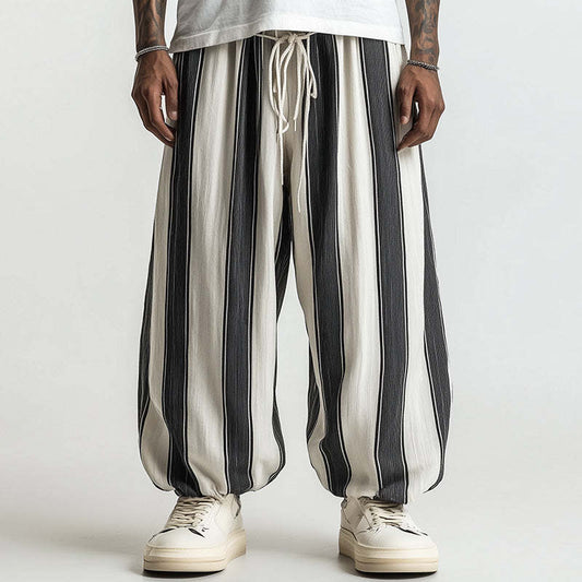 Men's Black And White Wide Striped Casual Trousers MTA2446C7P