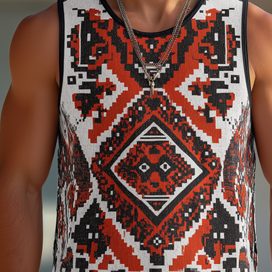 Men's Retro Casual Ethnic Style Printed Round Neck Tank Top MTA0257D8TO