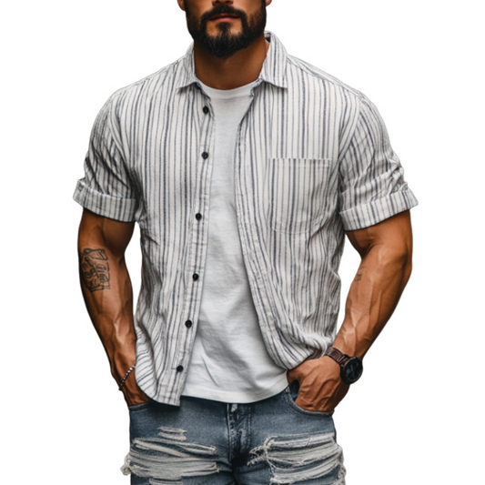 Men's Casual Cotton Linen Striped Lapel Single Breasted Loose Short Sleeve Shirt MTA2759C3M