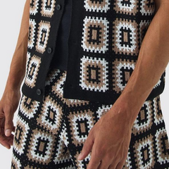 Men's Spring And Summer Fashion Casual Hollow Knitted Short-sleeved T-shirt Shorts Set MTA1038D7K