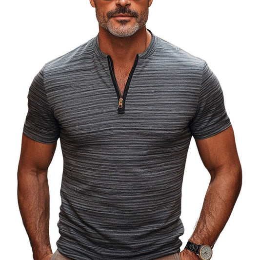 Men's Gray Striped Zipper Collar Slim Fit Short Sleeve T-Shirt MTA1766C1U
