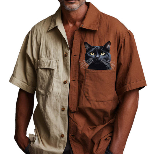 Men's Retro Cat Print Contrast Short Sleeve Shirt MTA2648C6P